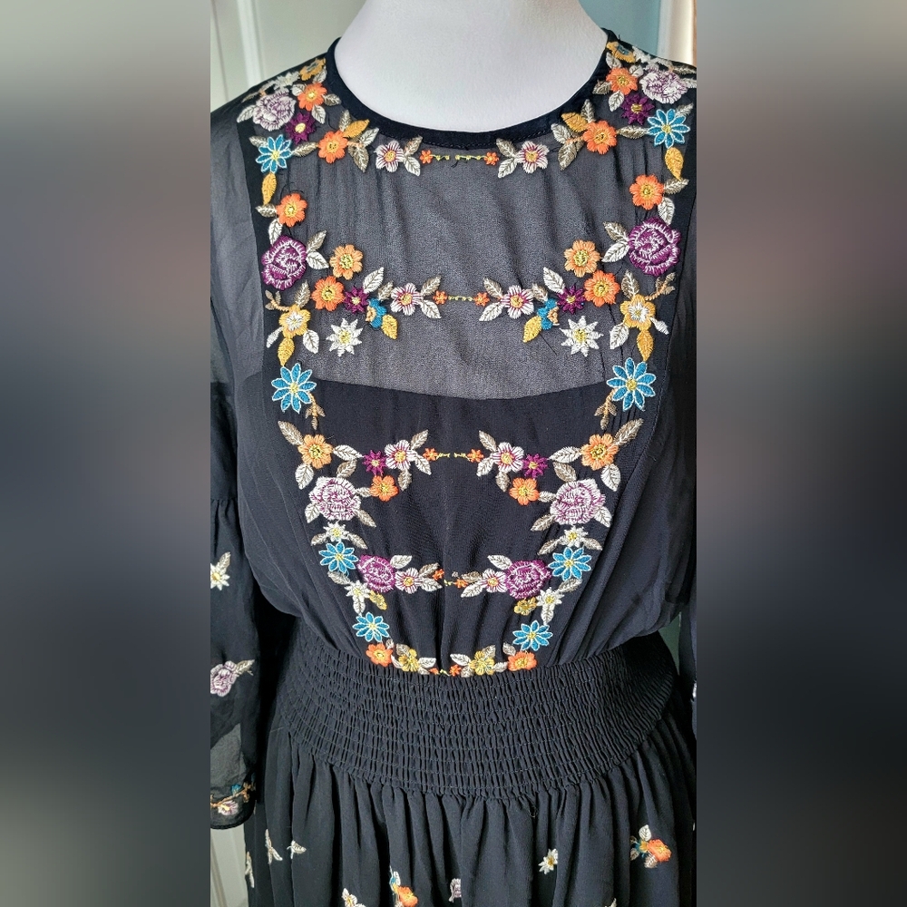 Anthropologie Maeve Anfisa Floral Embroidered Chiffon Mini Dress Womens 2 Black - Picture 8 of 16